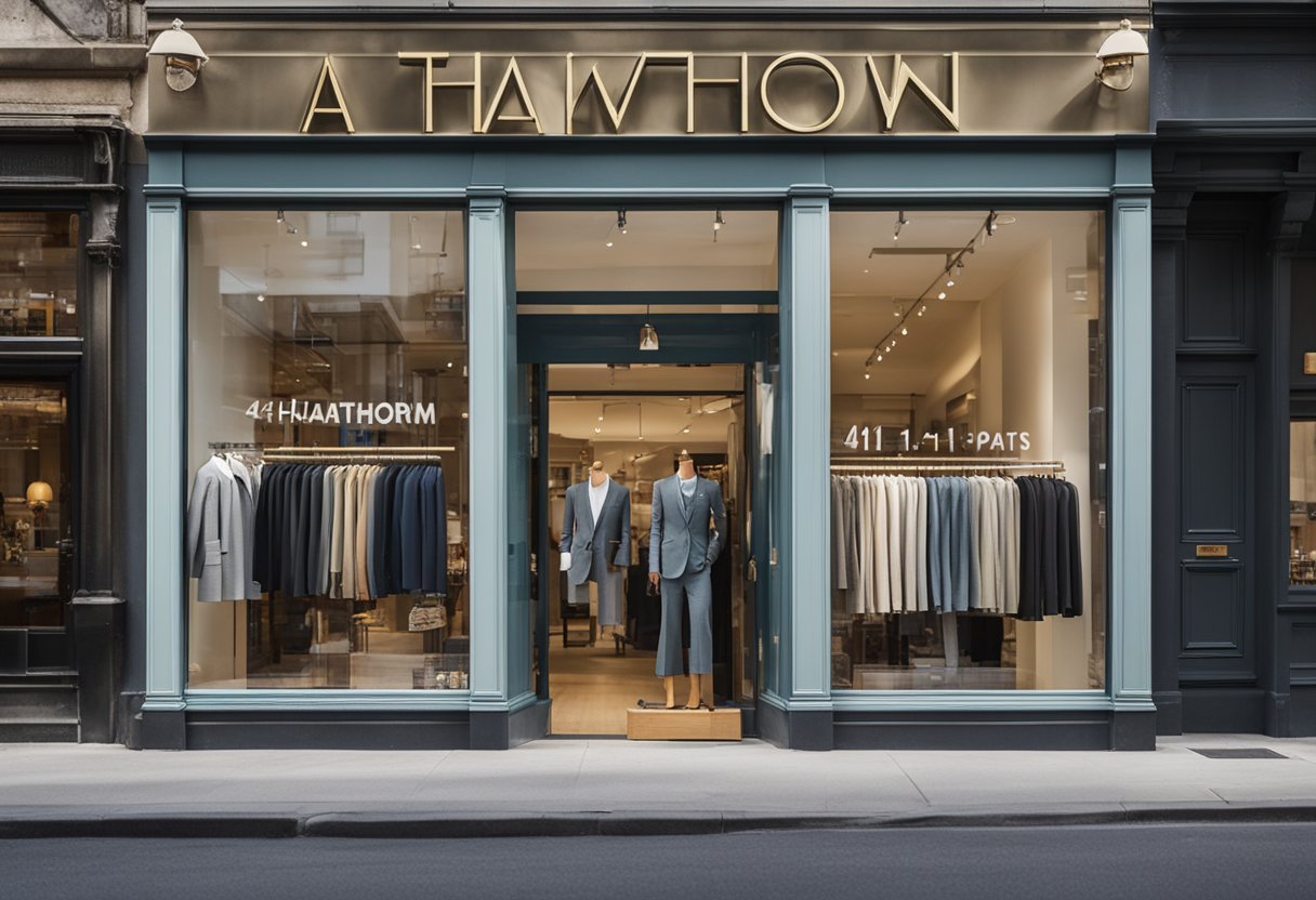 A storefront with a large sign reading "41 Hawthorn Pants" stands out among other shops on a bustling city street. The display window showcases various styles and colors of pants