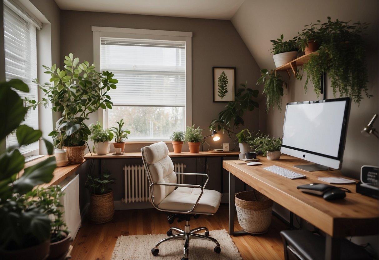 A cozy home office with a desk, computer, and calendar. A comfortable chair for breaks. A warm, inviting atmosphere with natural light and plants