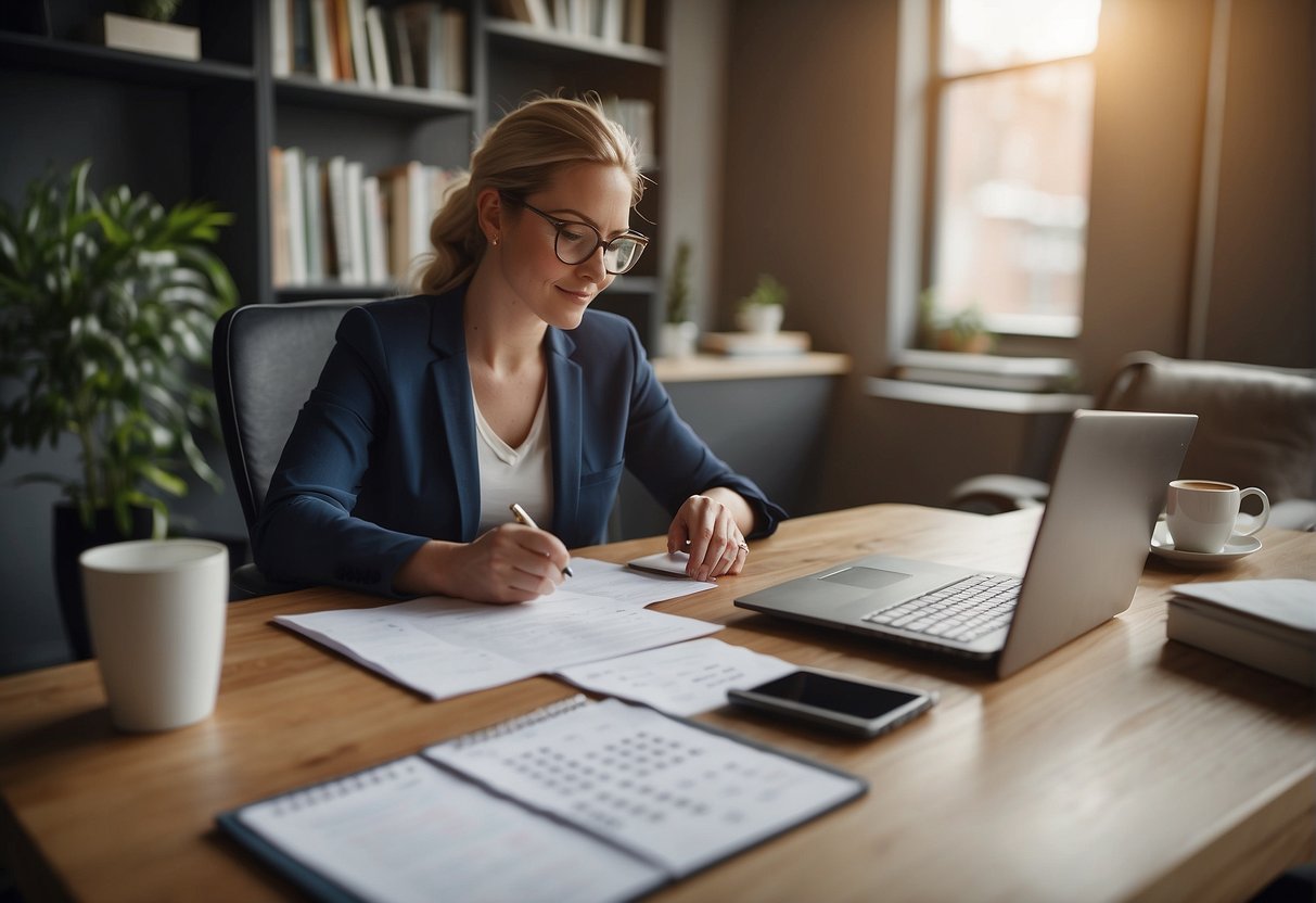 A freelancer sits at a desk with a calendar, laptop, and phone. They are organizing maternity leave and discussing plans with clients