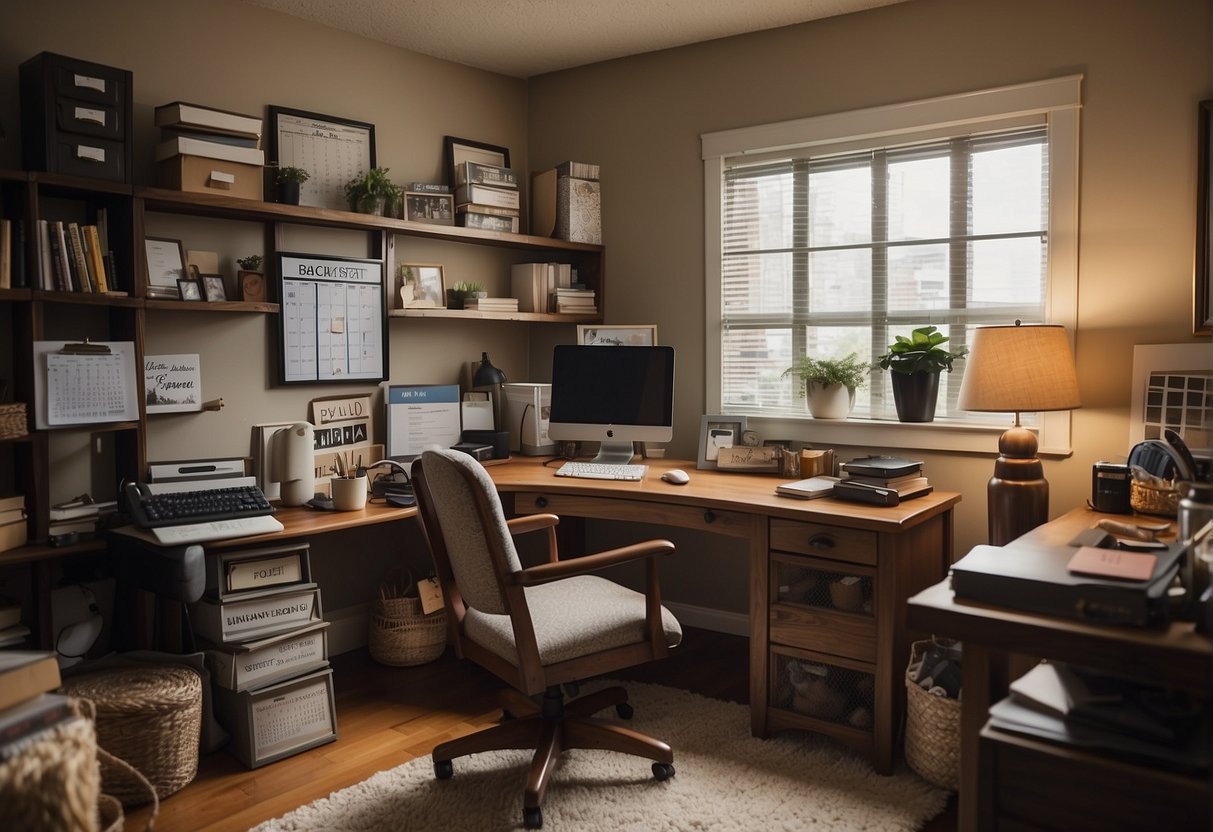 A cluttered home office with a calendar marked with due dates, a laptop open to a spreadsheet of upcoming deadlines, and a cozy reading nook with baby books and a rocking chair