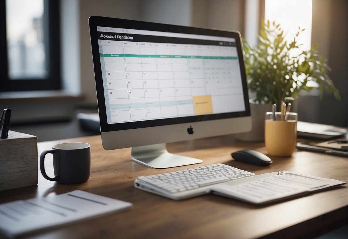 A freelancer sits at a desk with a calendar, laptop, and baby monitor. They are planning their maternity leave and organizing their return to work during the postpartum period