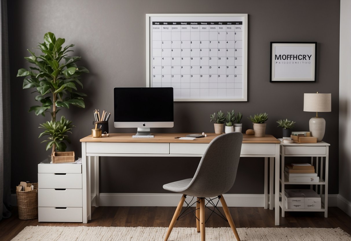 A home office with a desk, computer, and calendar. A woman's workspace with a "maternity leave" plan on the wall