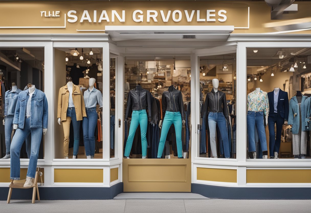 A colorful storefront with a large sign reading "Who Sells 7 Groove Jeans?" surrounded by mannequins wearing various styles of jeans in different sizes and colors