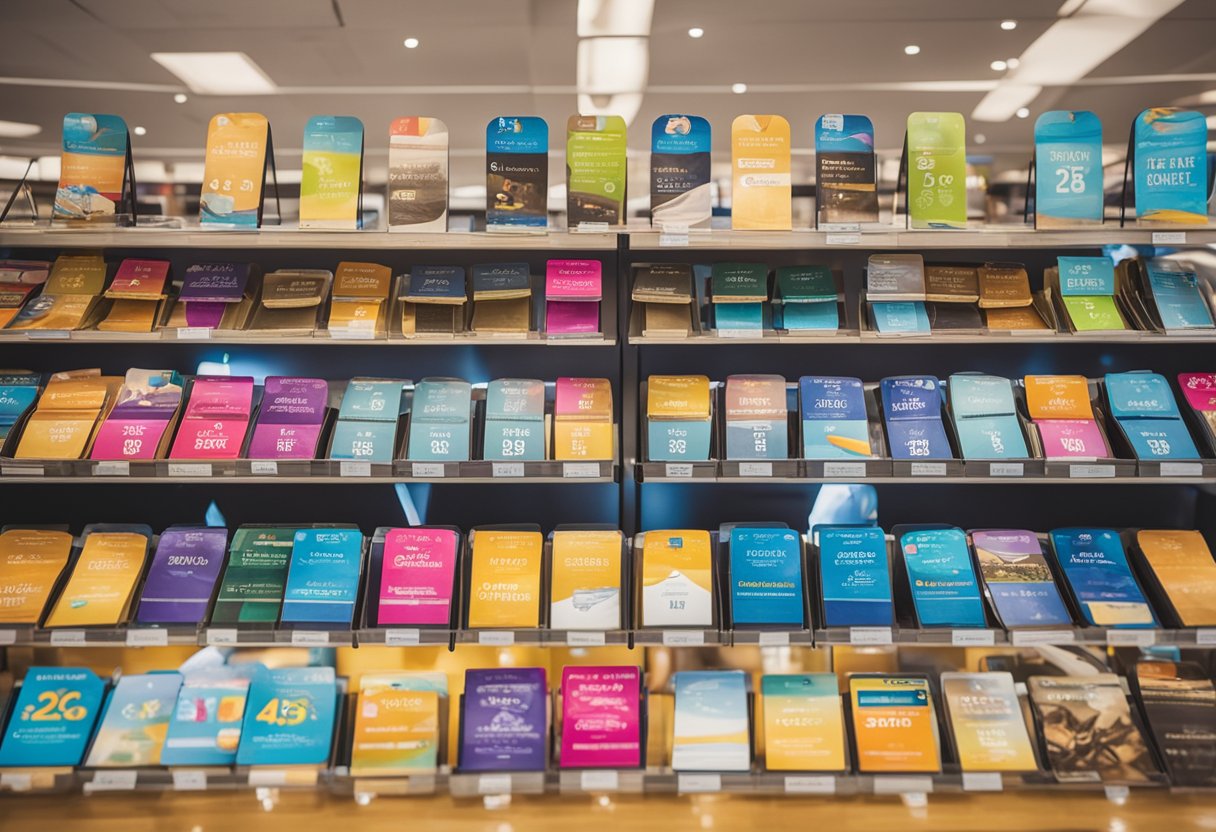 A brightly lit store display with various Academy gift cards arranged neatly on a stand, with a sign above reading "Who Sells Academy Gift Cards?"