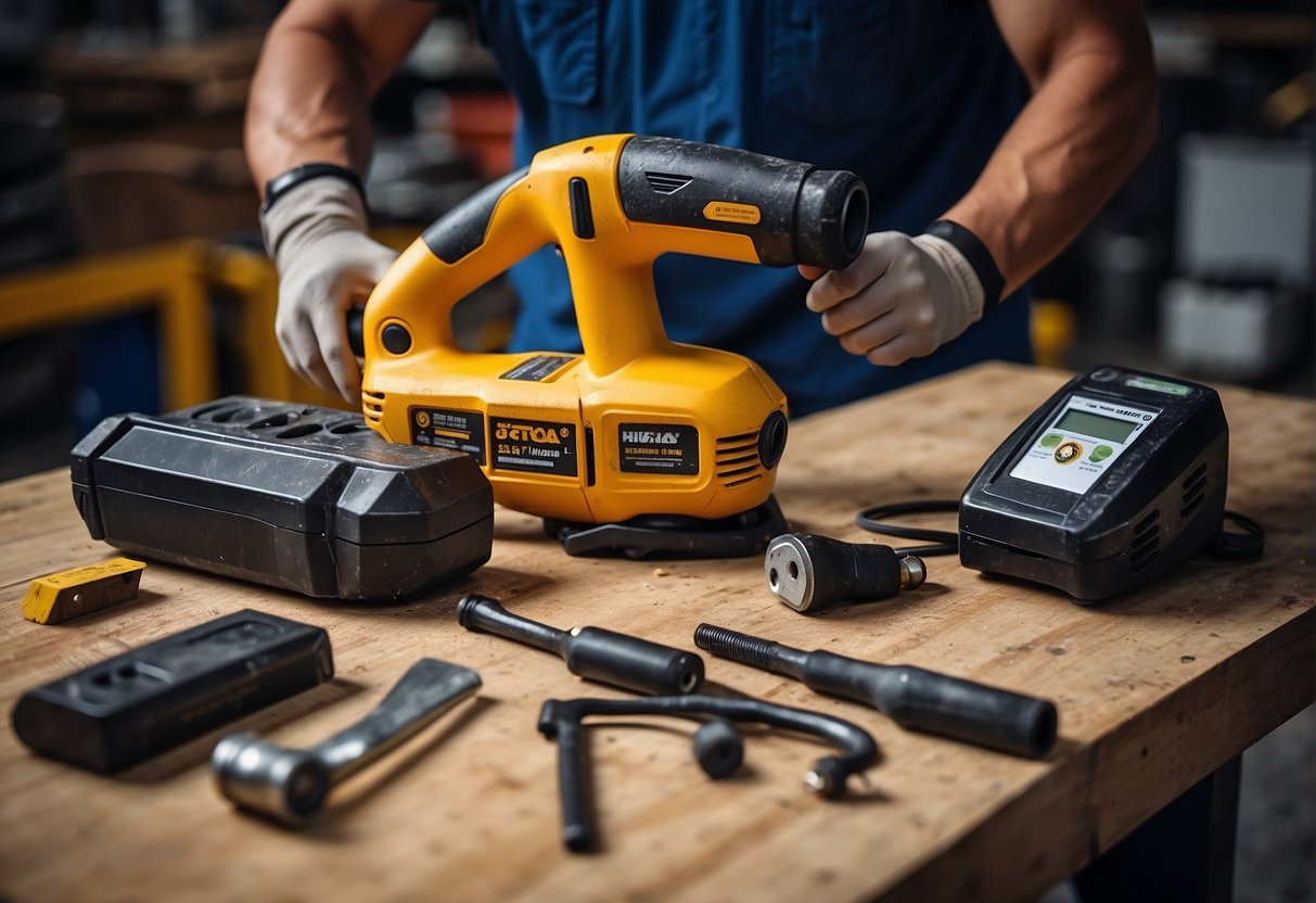 A worker compares the cost and investment of a rotary hammer and a demolition hammer on a table with various tools and equipment