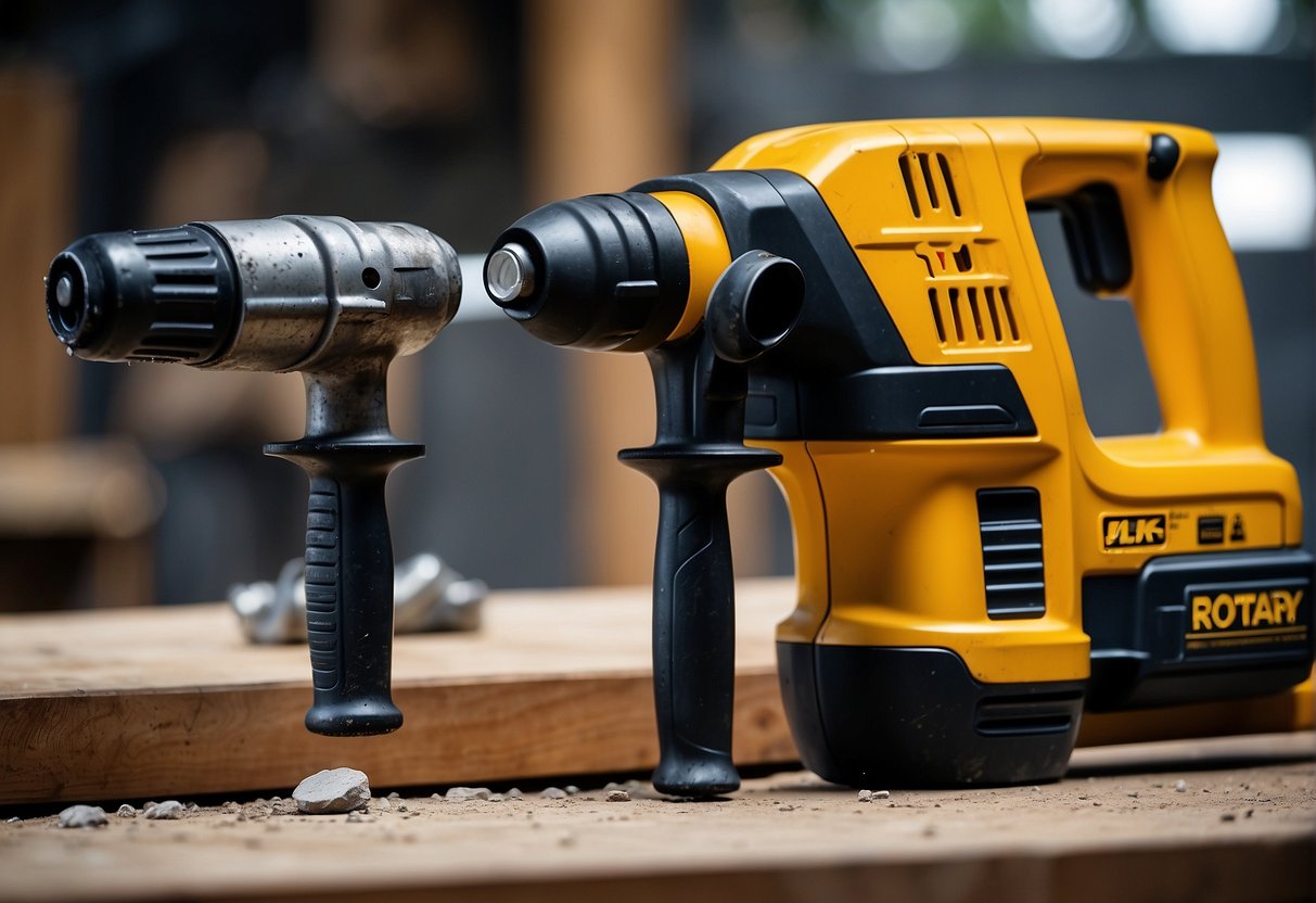 A rotary hammer and a demolition hammer face off, ready for action. Their features and capabilities are highlighted in the background