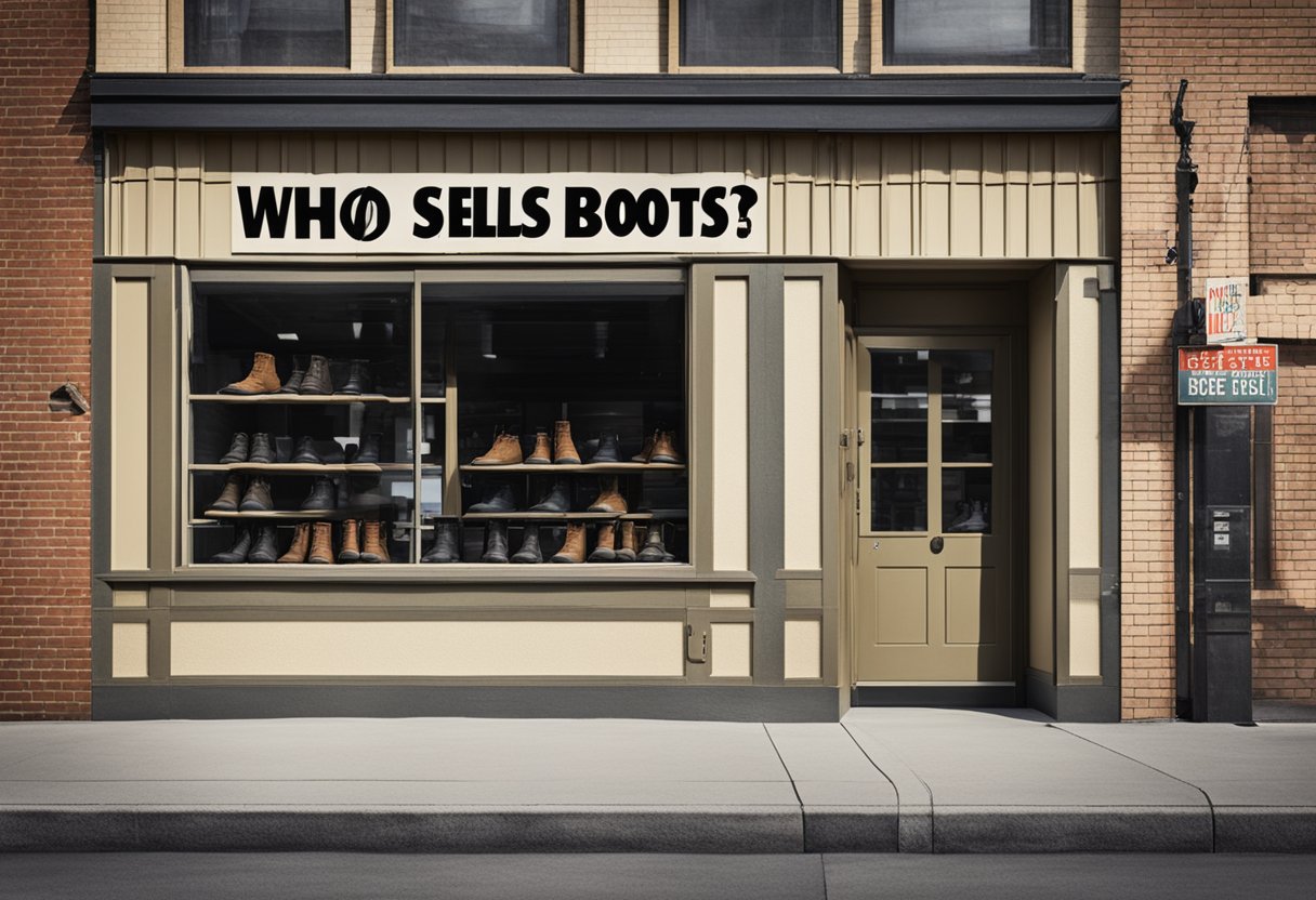 A rugged, industrial-style store front with a large sign reading "Who Sells Brunt Work Boots?" and a display of sturdy, heavy-duty boots in the window