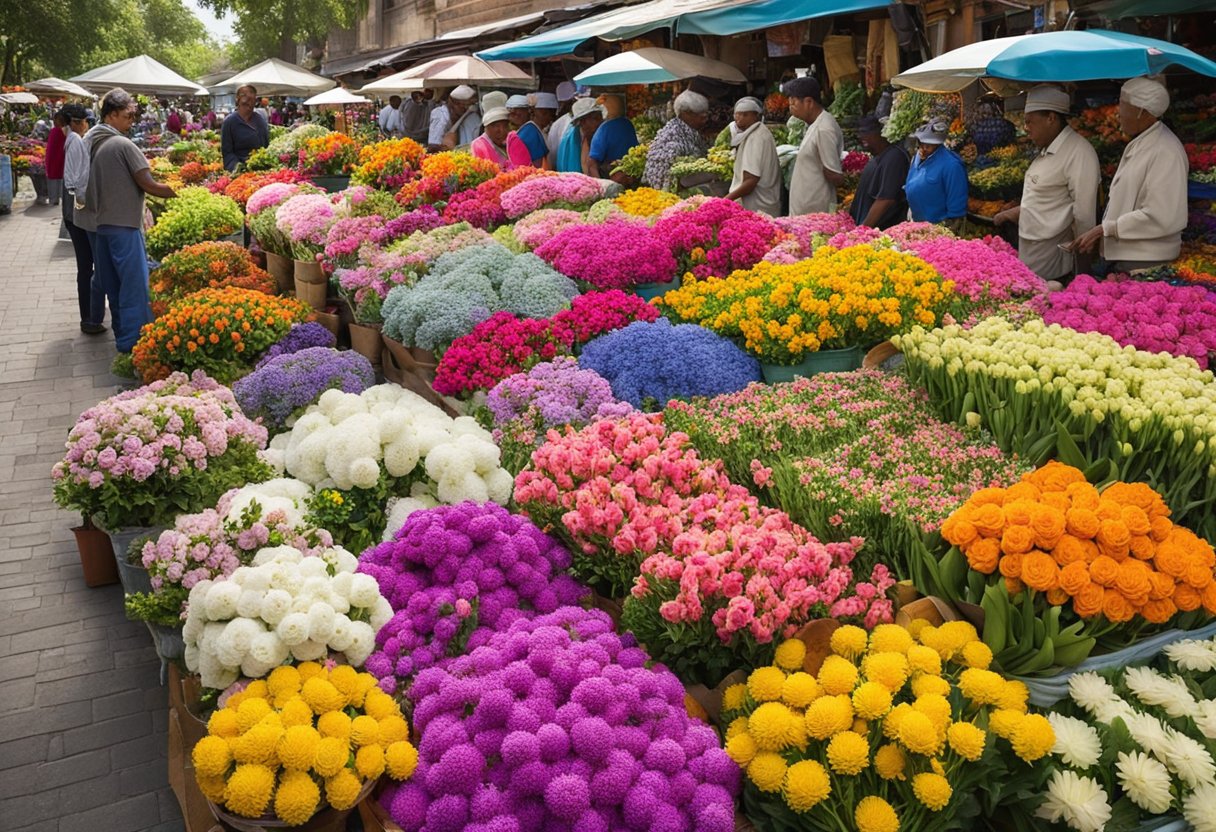 A flower market bustles with vendors and customers. Colorful blooms fill the air with a sweet fragrance. Canopies provide shade from the sun as people browse the vibrant displays