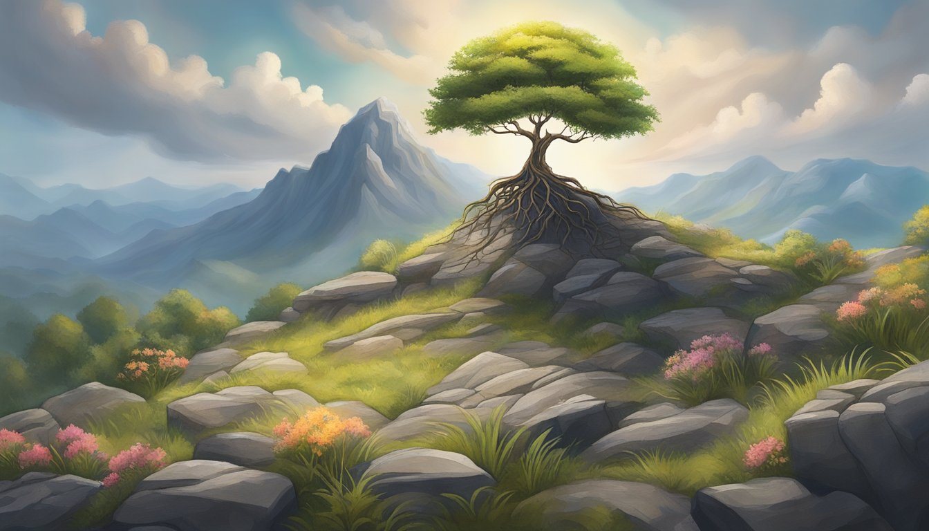 A lone tree stands tall on a mountain peak, its roots firmly planted in the rocky terrain.</p><p>Surrounding it, smaller plants and flowers flourish, symbolizing personal growth and resilience