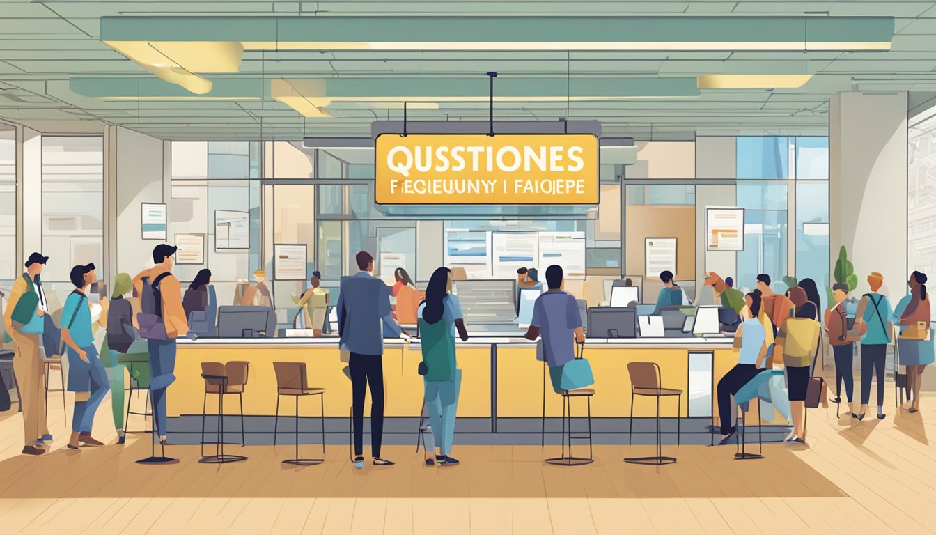 A large "Frequently Asked Questions 213 Significado" sign hanging above a busy information desk in a bustling public space