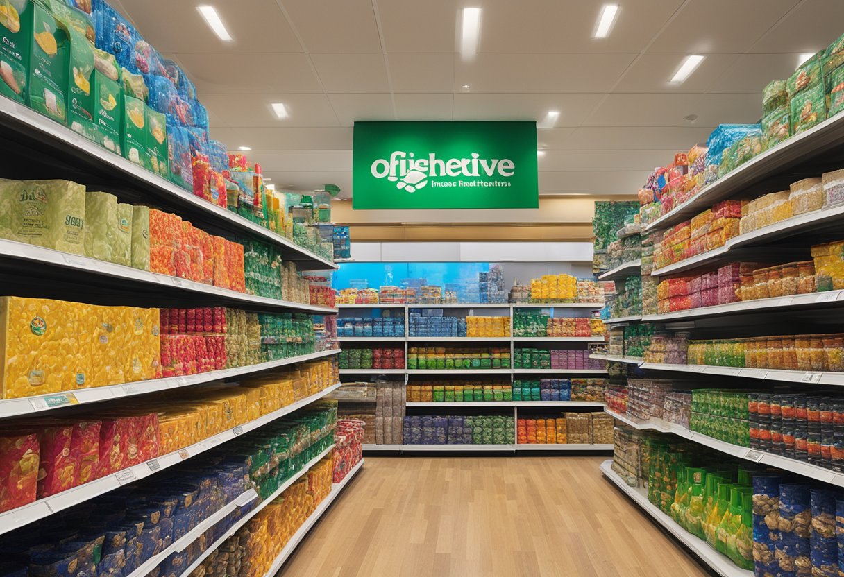 A festive display of Holiday Time brand products arranged neatly on shelves with colorful packaging and a prominent logo