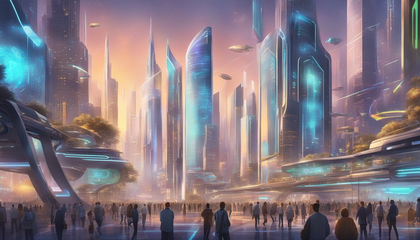 A futuristic cityscape with holographic signs and bustling activity, with the "Frequently Asked Questions 2277 Significado" prominently displayed