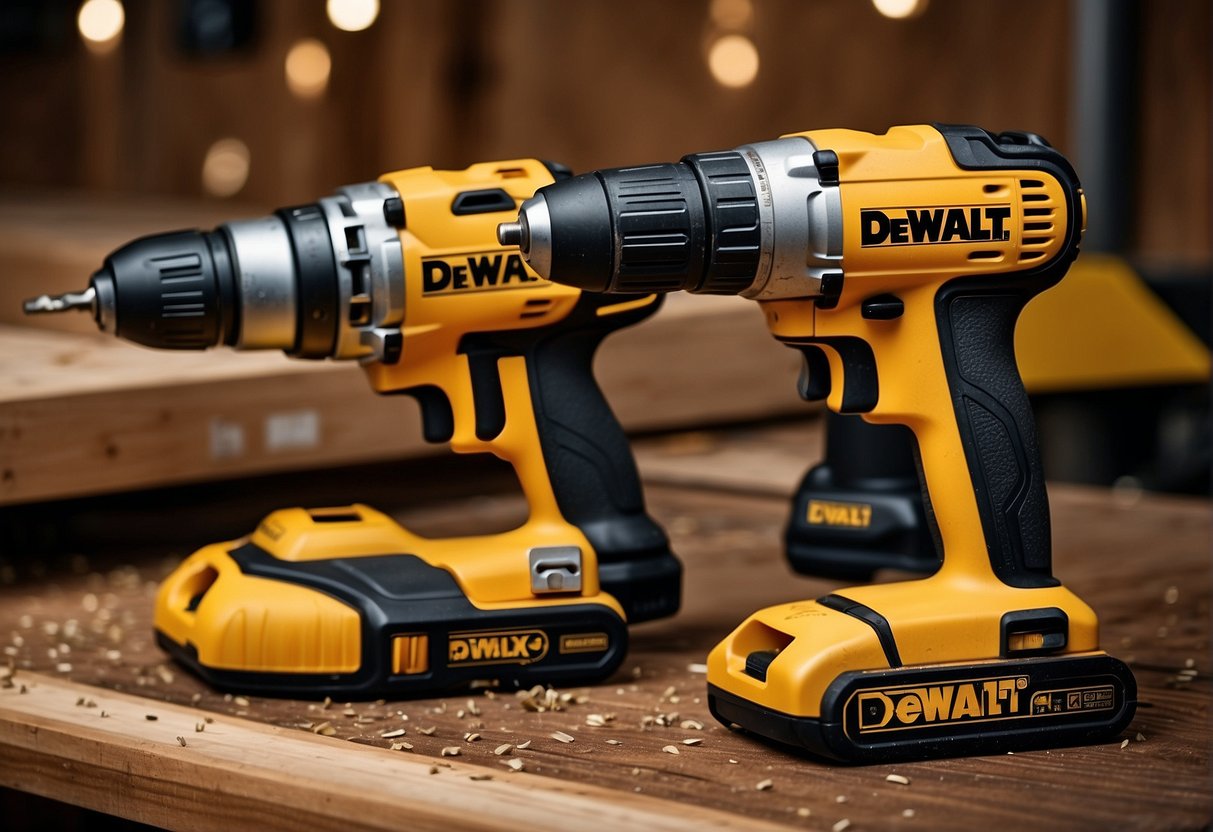 Two power drills, one labeled "dewalt 20v" and the other "dewalt 60v," sit side by side on a workbench, surrounded by scattered screws and wood shavings