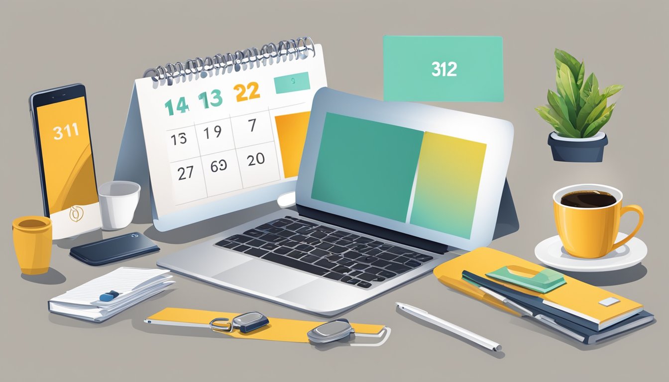 A calendar with the number 312 prominently displayed, surrounded by everyday objects like a coffee cup, a phone, and a laptop