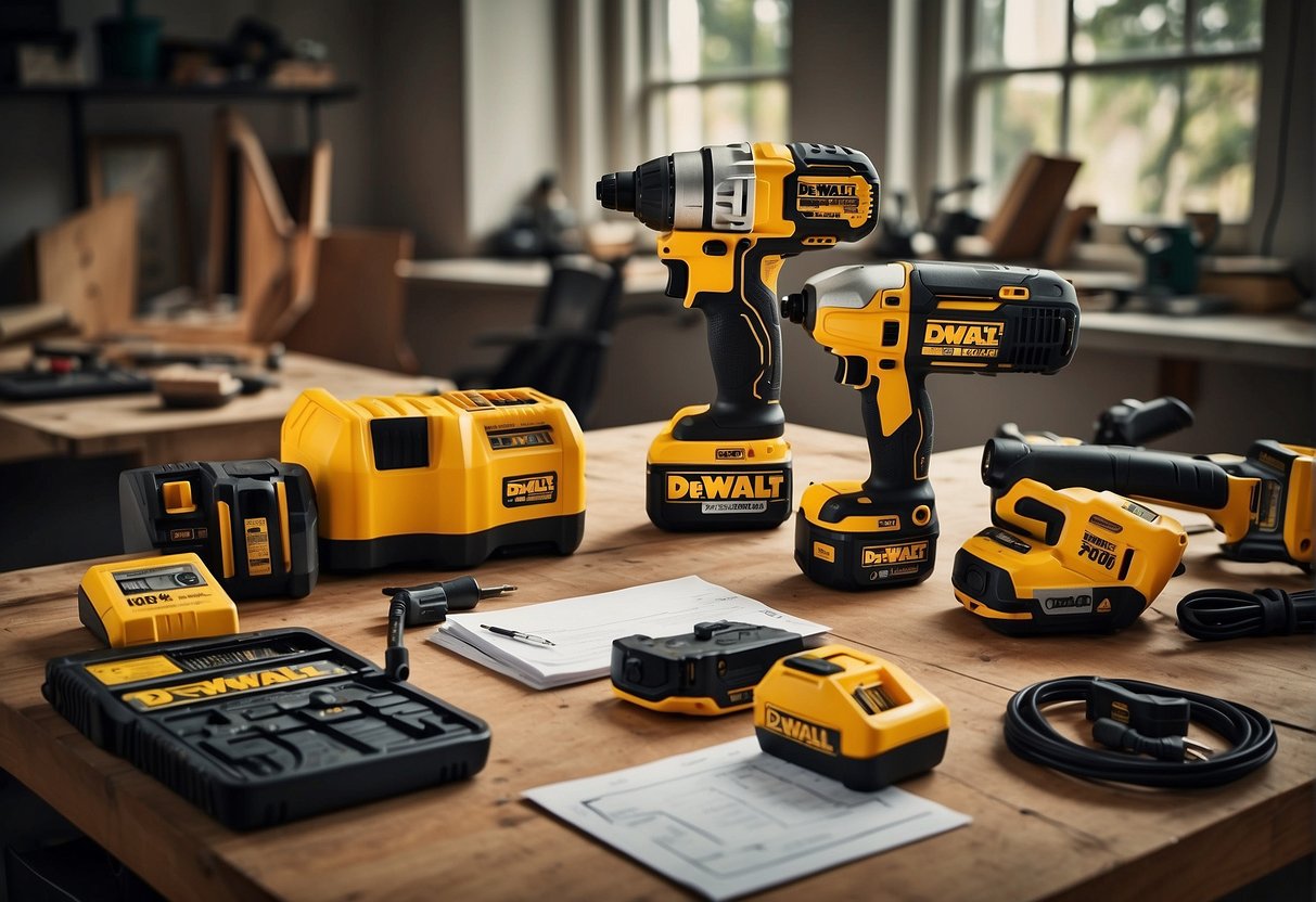 A table with two sets of Dewalt power tools, labeled 20V and 60V, surrounded by scattered tools and equipment. A calculator and notepad with scribbled calculations sit nearby