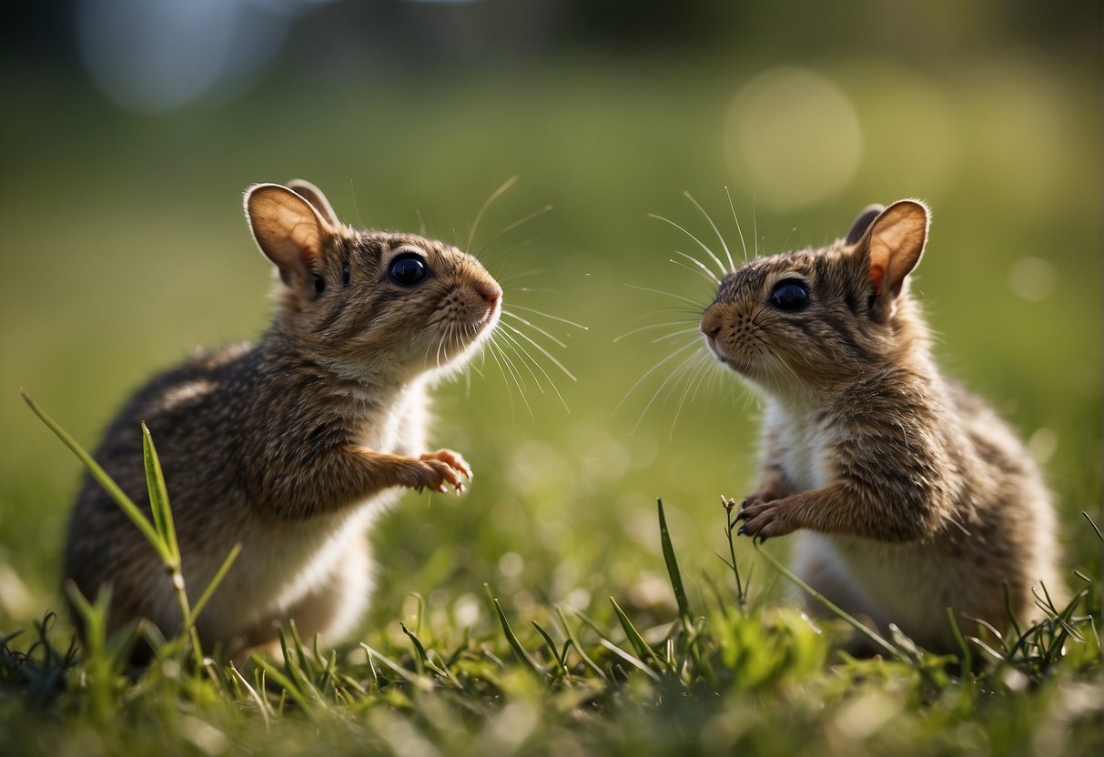 Two small creatures face off in a grassy clearing, their eyes locked in intense concentration. The air crackles with anticipation as they prepare to engage in a fierce battle of strength and agility