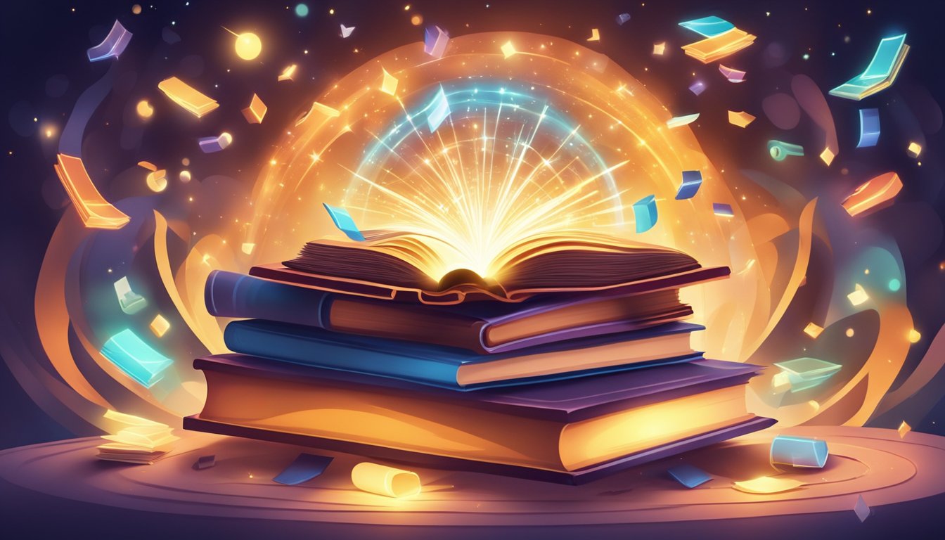 A stack of books with a glowing light shining from within, surrounded by swirling symbols and abstract shapes