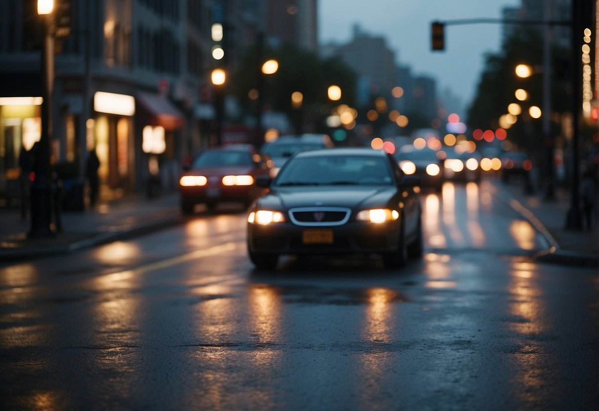 A gravely road meets a bustling city street