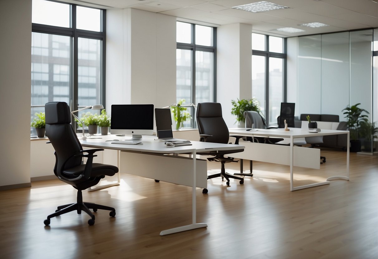 A serene, minimalist office space with ergonomic furniture and natural lighting. Comfortable seating and easy access to work tools