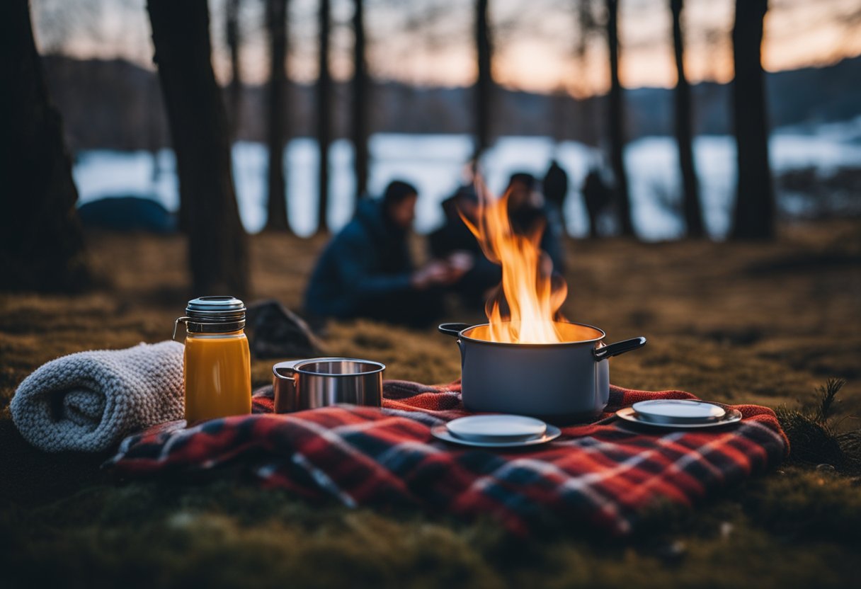 A snowy landscape with a cozy blanket spread on the ground, surrounded by reusable picnic ware and thermoses of hot drinks. A small campfire burns in the background, emitting a warm glow