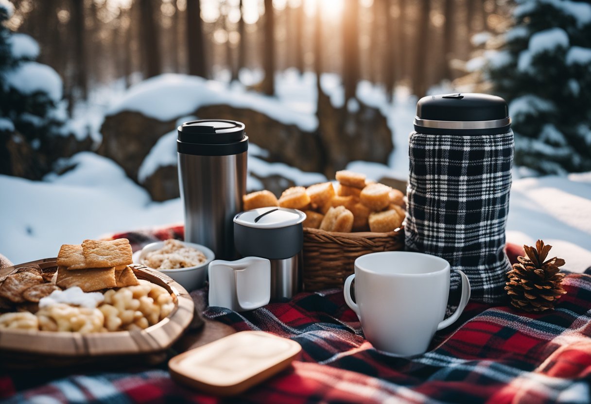 A cozy winter picnic with a plaid blanket, thermos, steaming mugs, and a basket of snacks surrounded by snowy trees
