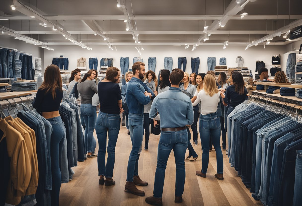 A crowded denim store with a large "Good American Jeans" sign. Customers browsing shelves, trying on jeans, and talking to sales staff