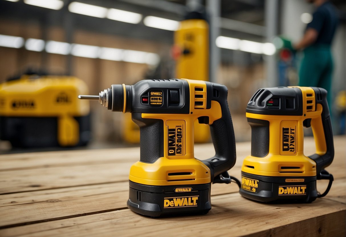 A comparison of Dewalt weed eaters, 20v vs 60v, with price tags and performance metrics displayed side by side