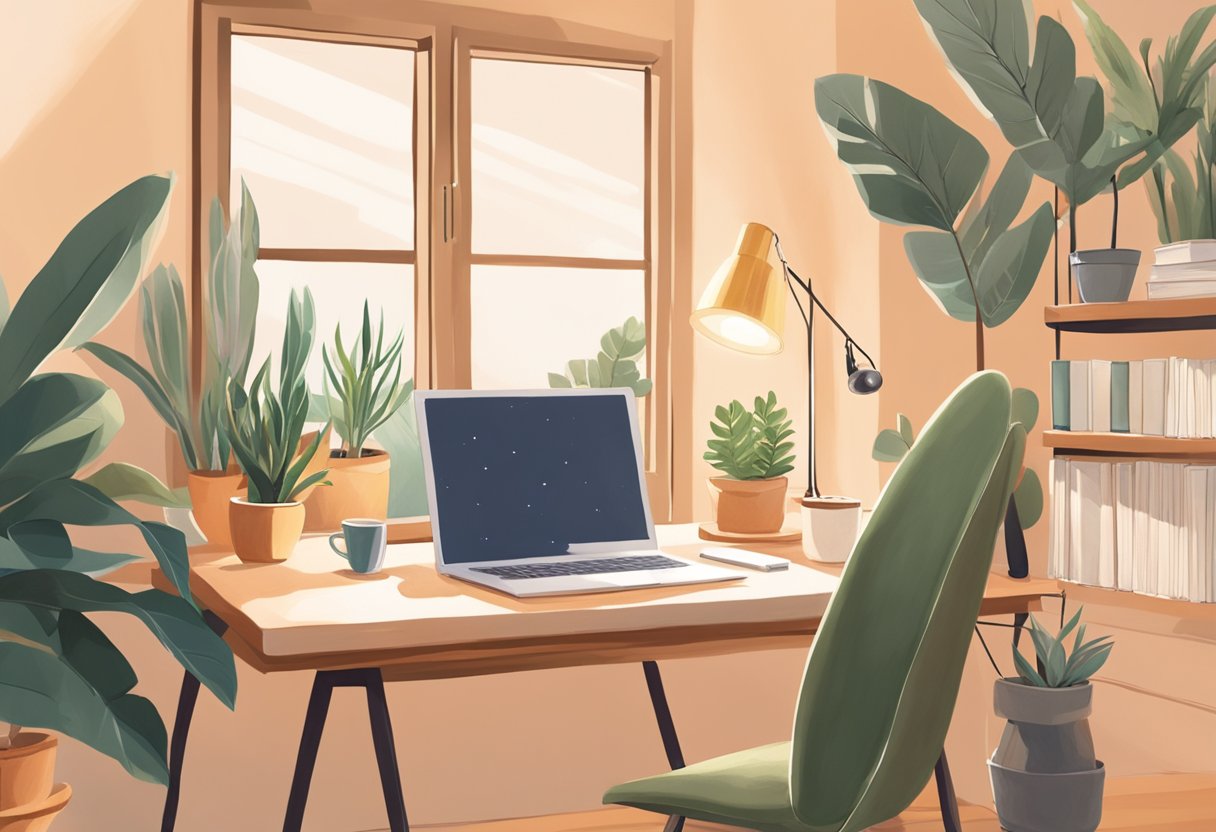 A cozy, sunlit study with a laptop open on a desk, surrounded by plants and books. A soft, warm glow fills the room, creating a welcoming and safe space for introverted bloggers to work and be visible