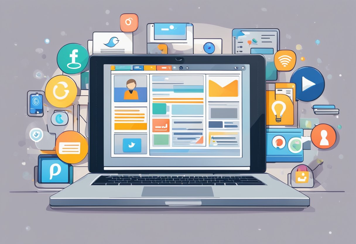 A laptop with a blog post open, surrounded by various social media icons and a spotlight shining on the screen