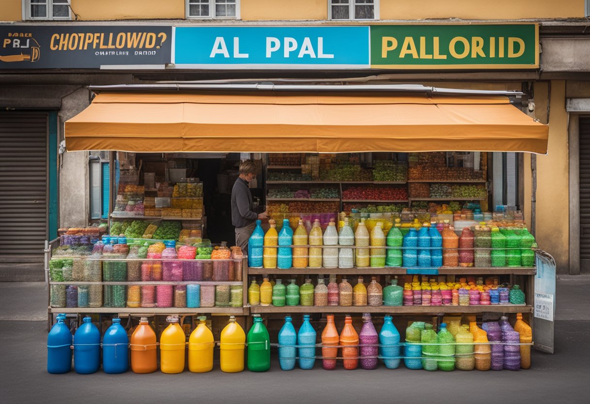 A colorful market stall displays Pal Fluids Palworld in vibrant bottles and containers, with a large sign above asking "Who Sells Pal Fluids Palworld?"