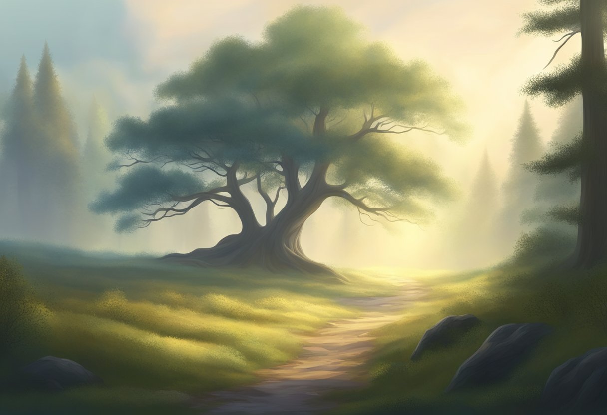 A quiet forest clearing with a lone tree bathed in soft sunlight, surrounded by a gentle mist. A path leads into the distance, hinting at a journey