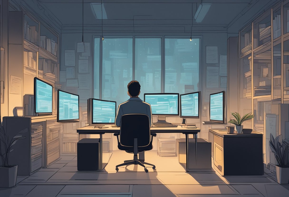 A lone figure sits in a dimly lit room, surrounded by screens and papers. They appear hesitant, yet determined, as they navigate the balance between visibility and vulnerability in their online presence