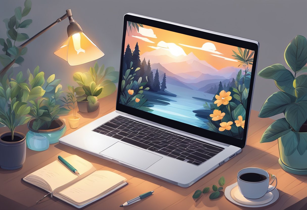 A laptop with a glowing screen sits on a cozy desk with a warm lamp, surrounded by plants and inspirational quotes. A cup of tea steams next to a notebook filled with authentic, vulnerable thoughts