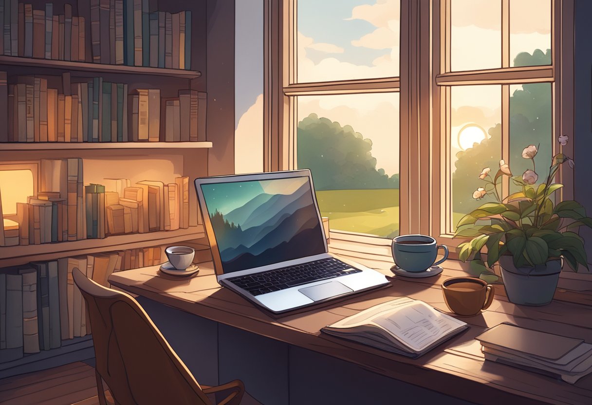 A cozy, dimly lit room with a laptop on a desk, surrounded by books and a warm cup of tea. A window overlooks a peaceful garden, creating a sense of introspective focus