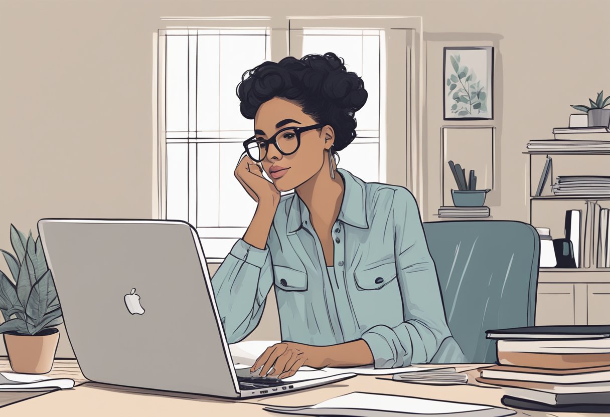 An introverted blogger strategically posts on social media, balancing visibility and vulnerability, conveying confidence and authenticity