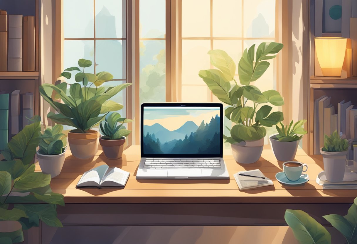 A cozy, quiet workspace with a laptop, surrounded by books and plants. A warm cup of tea sits nearby as the sun filters in through the window, creating a peaceful and inviting atmosphere