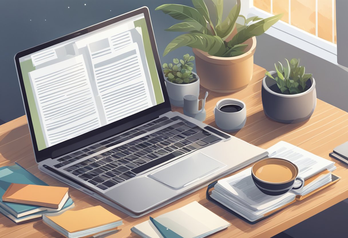 A laptop on a desk with a blog post open, surrounded by books and a cozy, well-lit workspace