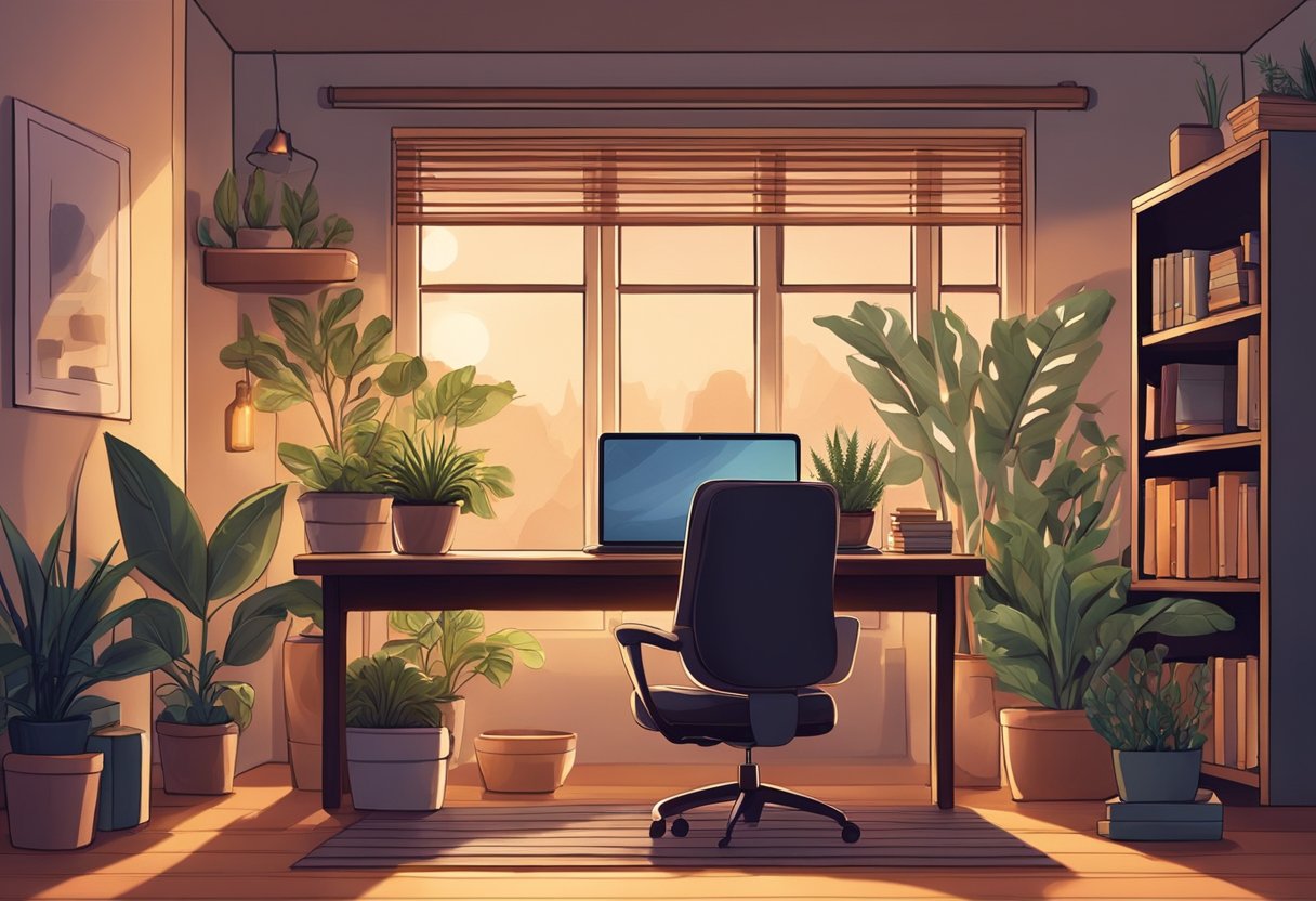 A cozy, dimly lit room with a laptop open on a desk, surrounded by plants and soft lighting. A warm, inviting atmosphere with a sense of calm and comfort