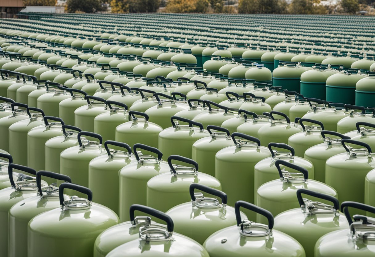 A hardware store displays rows of 100 lb propane tanks, with clear signage indicating availability for purchase