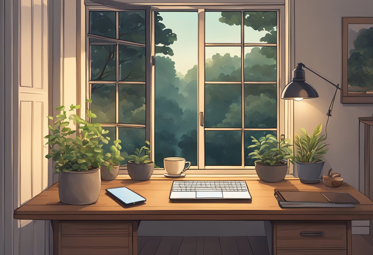 A cozy, dimly lit study with a laptop and a cup of tea. A window overlooks a serene garden, providing a sense of calm and solitude