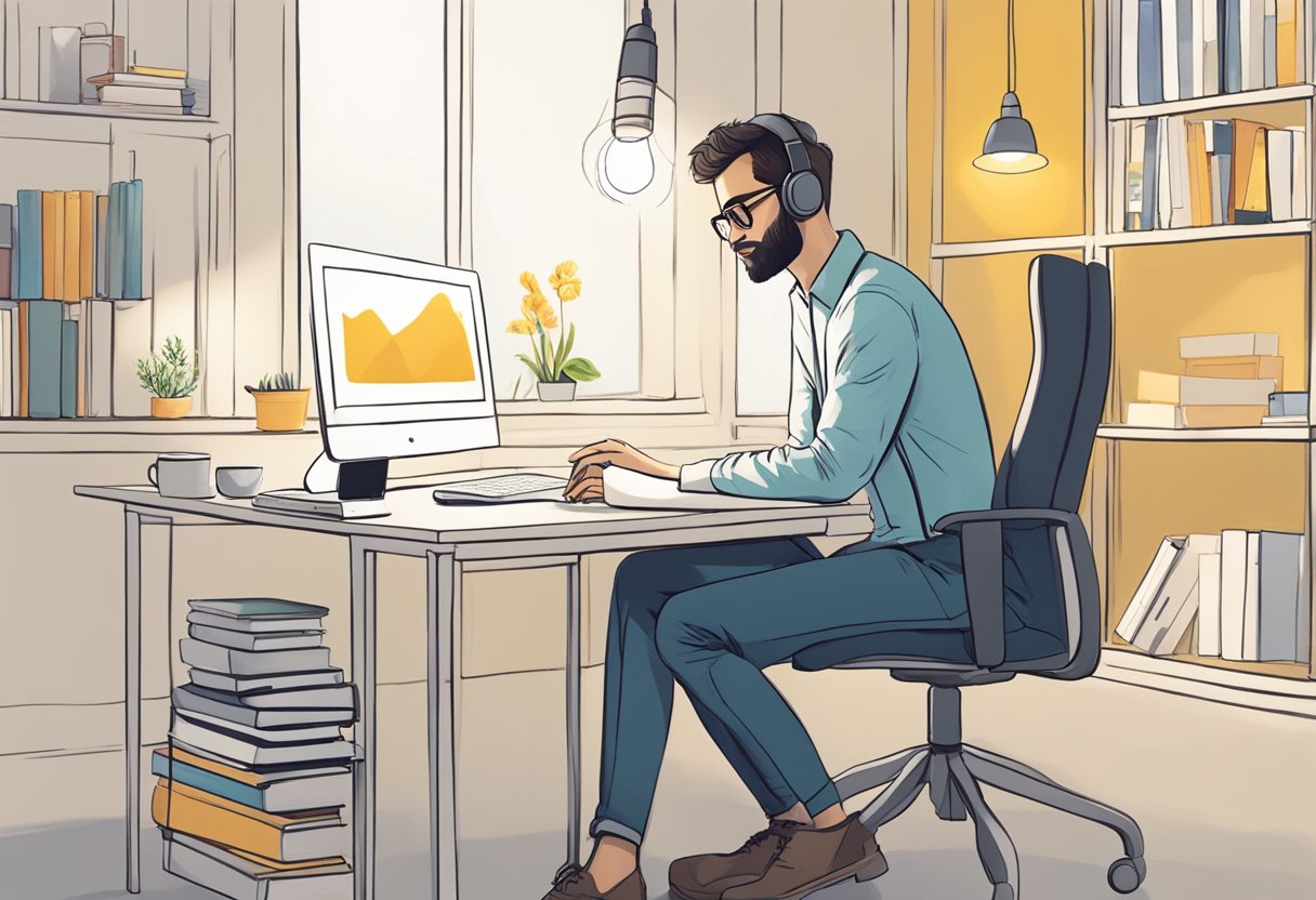 An introverted blogger is strategically visible, feeling empowered, not vulnerable. A spotlight shines on their content, drawing in engaged readers