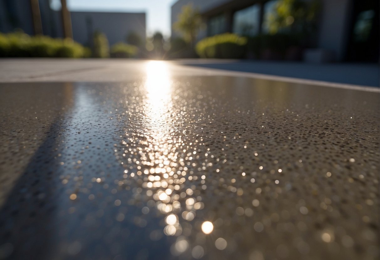 The sealed concrete surface glistens under the sunlight, while the unsealed concrete appears dull and porous