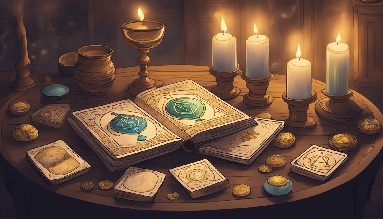 A table with a deck of tarot cards, a crystal ball, and a book on numerology and symbolism.</p><p>The room is dimly lit with candles and incense burning