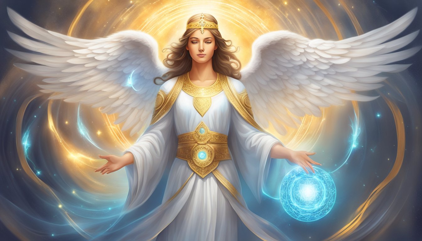A serene angelic figure surrounded by glowing spiritual energy and symbols of divine protection and guidance