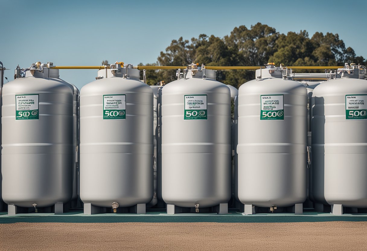 A row of 500-gallon propane tanks lined up in a storage yard, with a large sign overhead reading "Who Sells 500 Gallon Propane Tanks?"