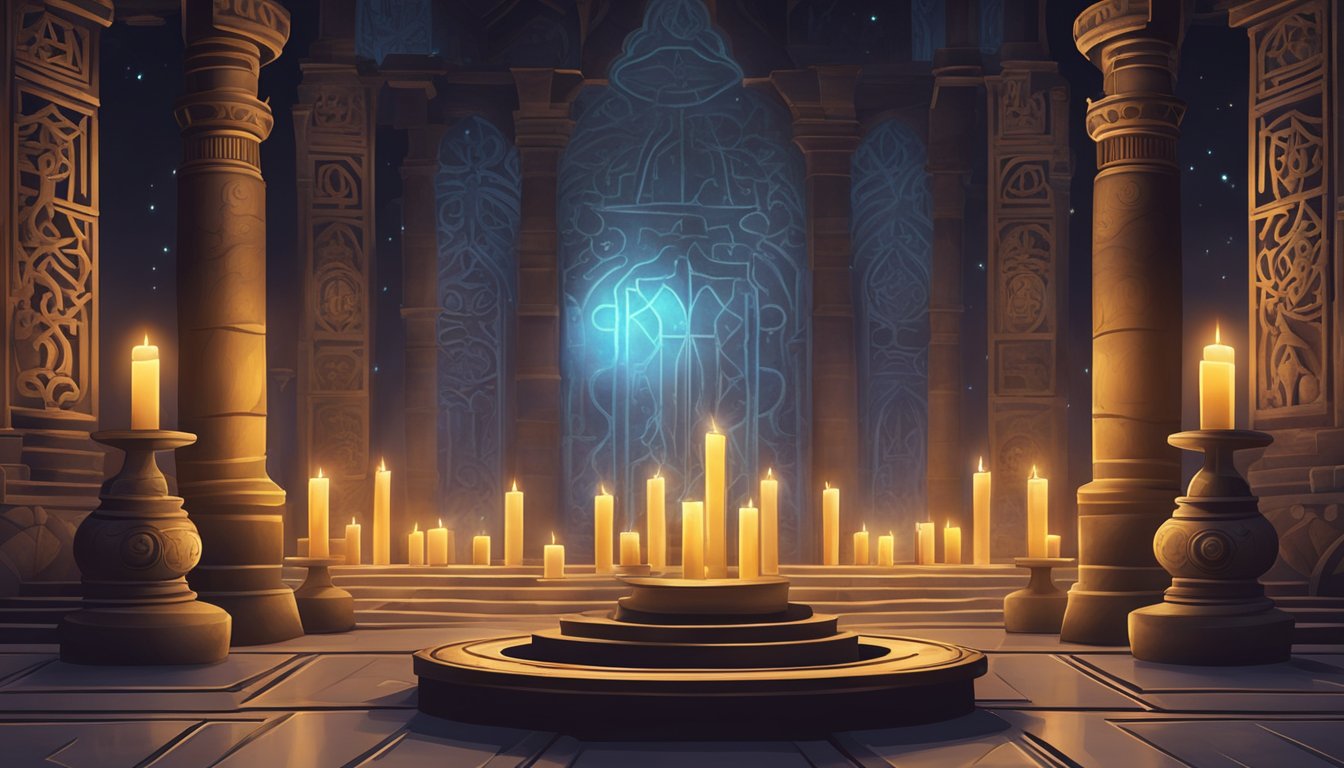 A mystical symbol glows in the center of a dark, ancient-looking temple, surrounded by flickering candles and mysterious artifacts