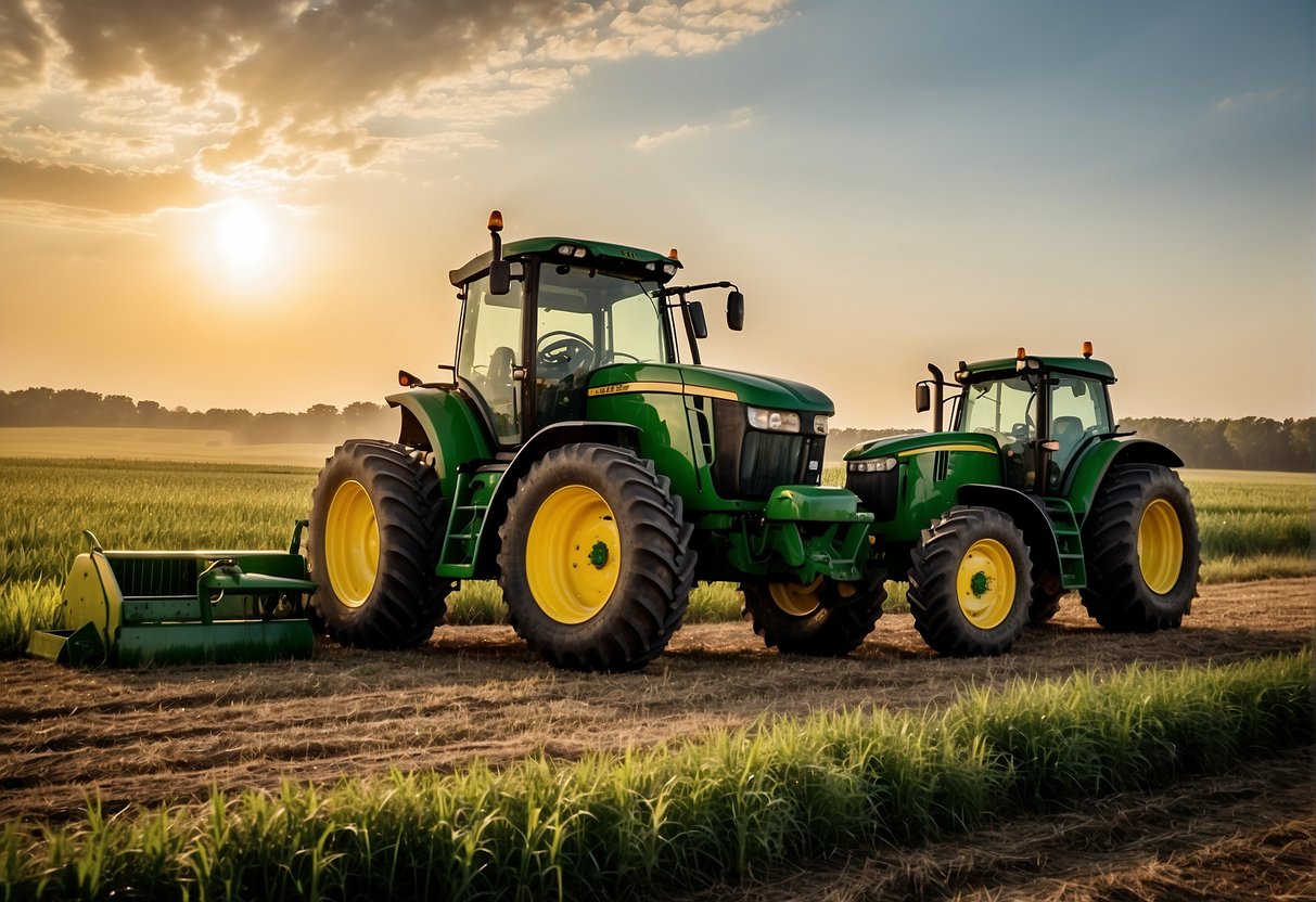 Two John Deere tractors, S100 and S120, face each other in a rural field