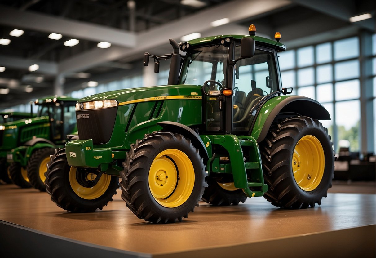 The John Deere S100 and S120 tractors are displayed side by side, showcasing their advanced features and technology. The sleek design and cutting-edge components are highlighted in the illustration