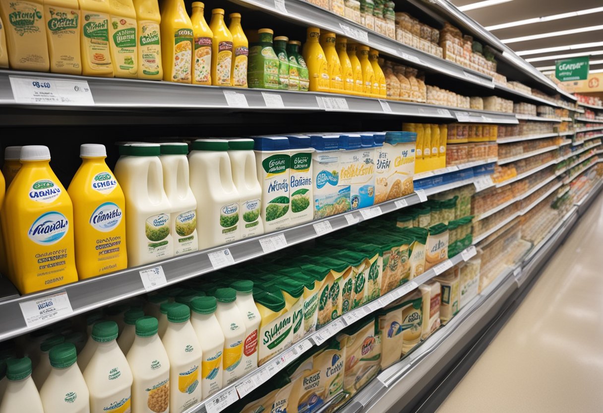 A grocery store shelf displays various brands of soy milk, including 8th Continent