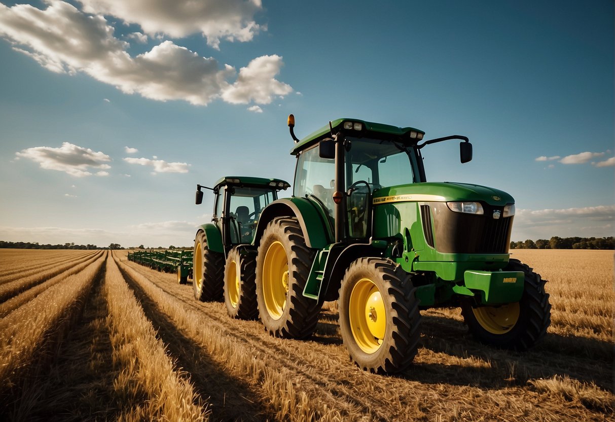 Two John Deere tractors, the S100 and S120, side by side in a field. The S100 is smaller with a basic design, while the S120 is larger and more advanced. The tractors are surrounded by crops and green
